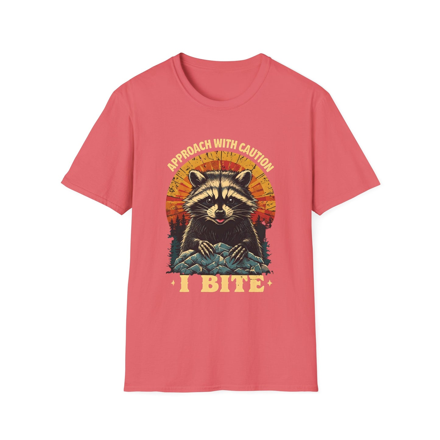 Funny Raccoon I Bite T-Shirt – Approach With Caution Graphic Tee – Cute but Dangerous Animal Shirt – Vintage Sunset Forest Trash Panda Shirt