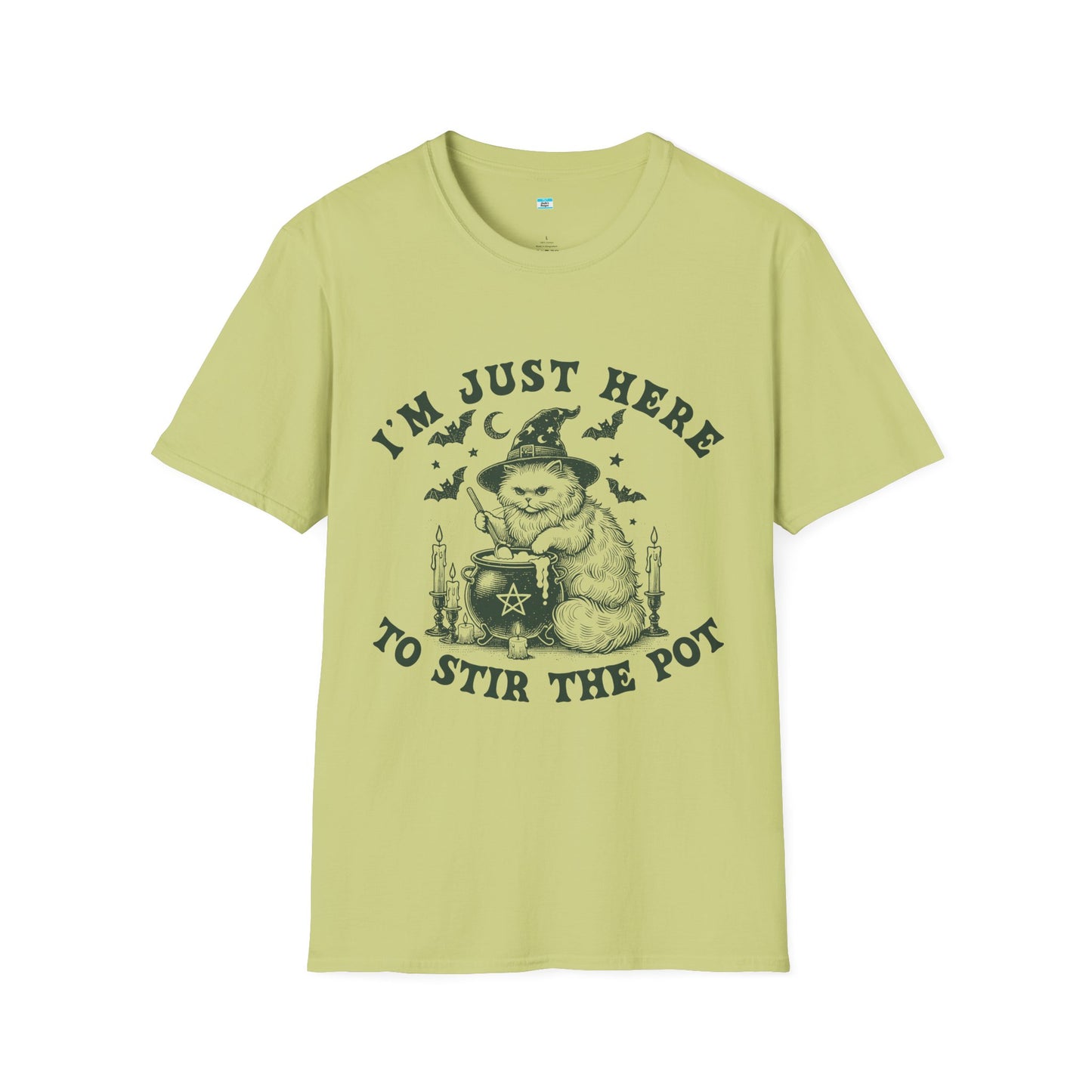 I’m Just Here to Stir the Pot T-Shirt – Funny Witch Cat Cauldron Graphic Tee, Halloween Shirt
