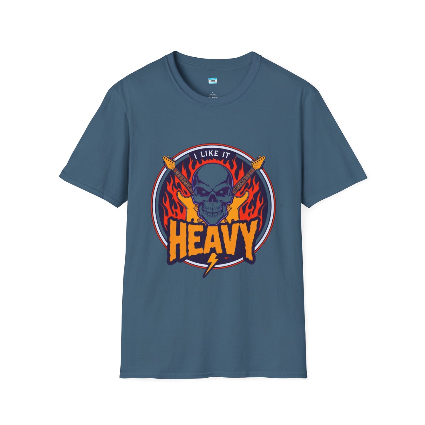 I Like It Heavy T-Shirt – Skull, Flames & Guitars Heavy Metal Rock Tee