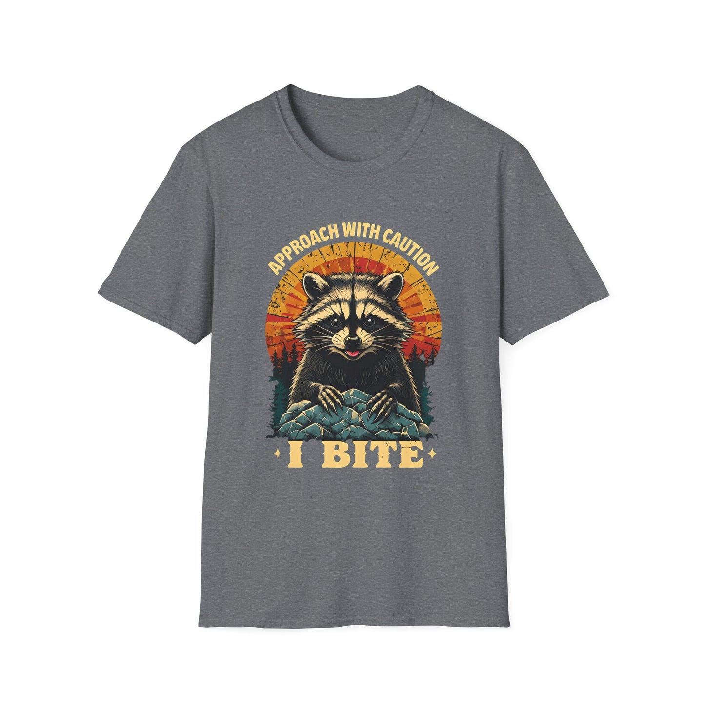 Funny Raccoon I Bite T-Shirt – Approach With Caution Graphic Tee – Cute but Dangerous Animal Shirt – Vintage Sunset Forest Trash Panda Shirt