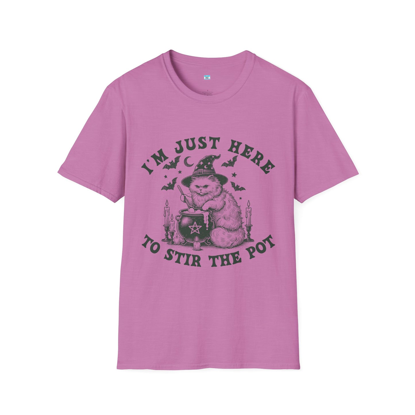 I’m Just Here to Stir the Pot T-Shirt – Funny Witch Cat Cauldron Graphic Tee, Halloween Shirt