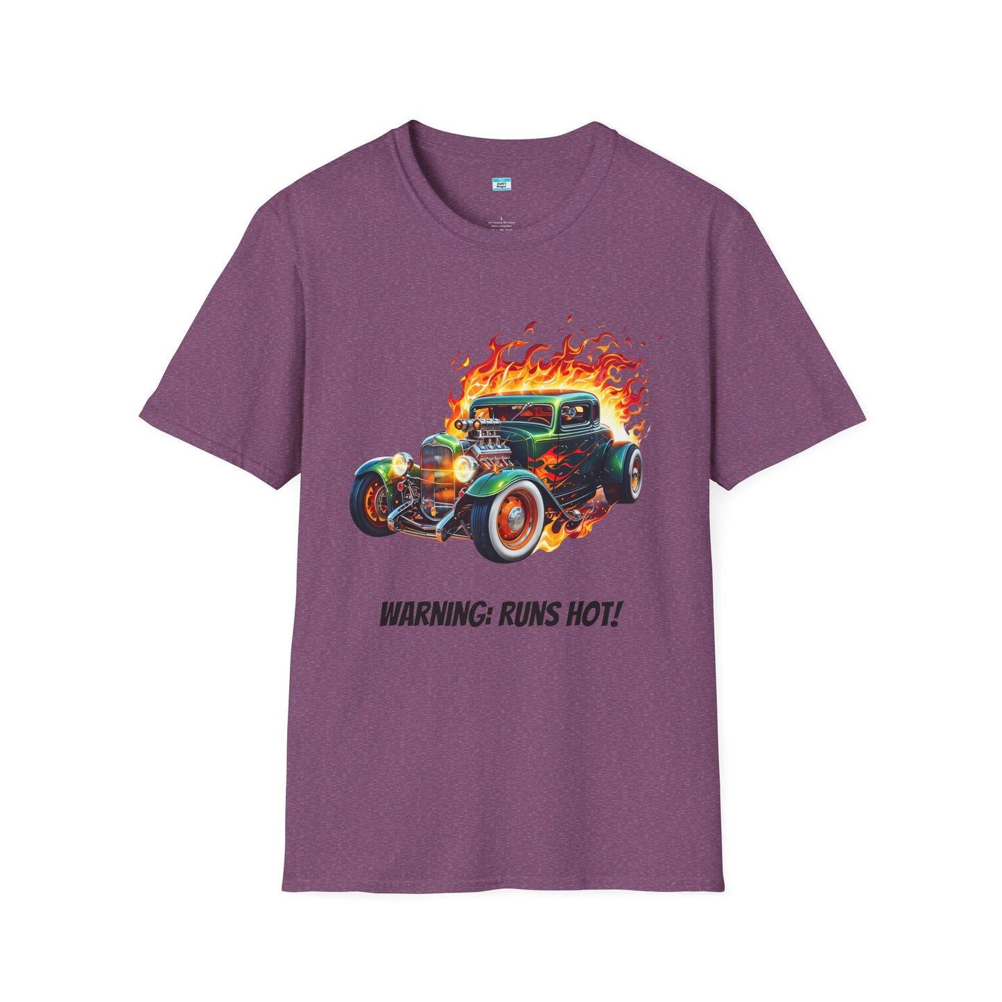 Hot Rod Flaming Car “Warning: Runs Hot!” Unisex Tee