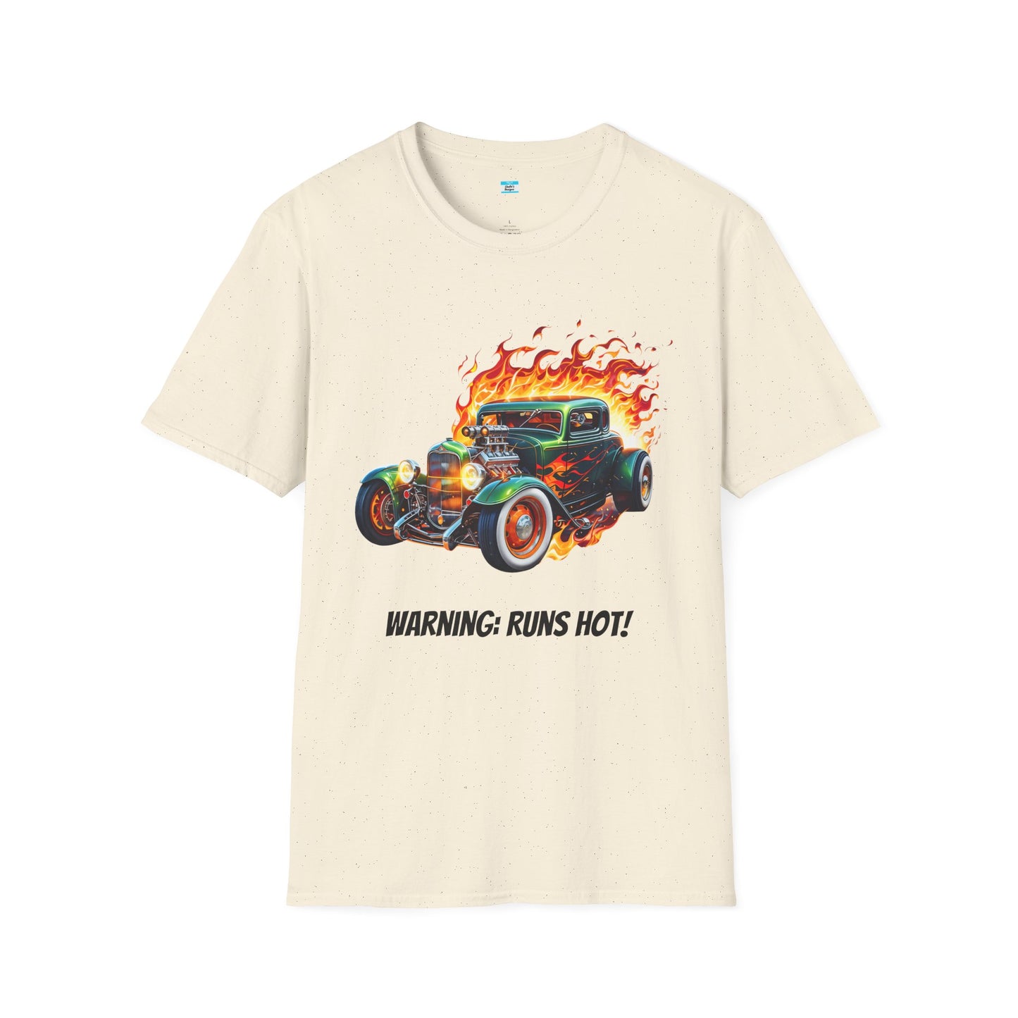 Hot Rod Flaming Car “Warning: Runs Hot!” Unisex Tee