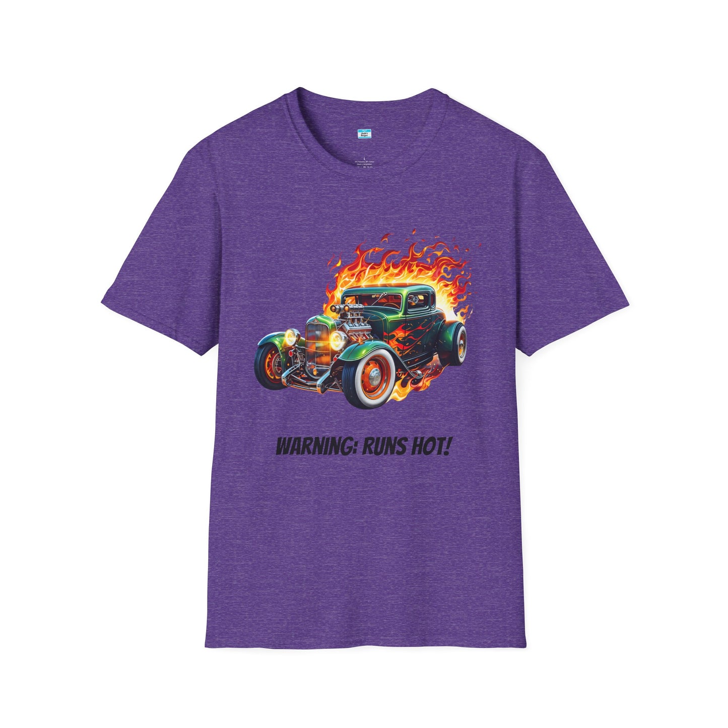 Hot Rod Flaming Car “Warning: Runs Hot!” Unisex Tee