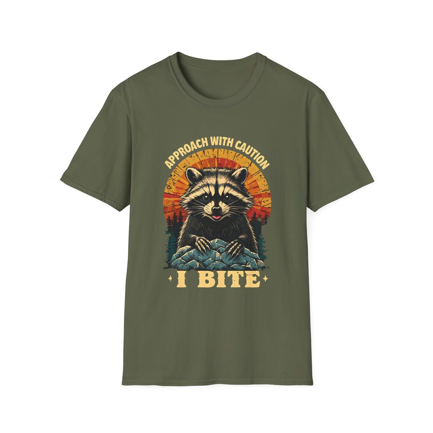 Funny Raccoon I Bite T-Shirt – Approach With Caution Graphic Tee – Cute but Dangerous Animal Shirt – Vintage Sunset Forest Trash Panda Shirt