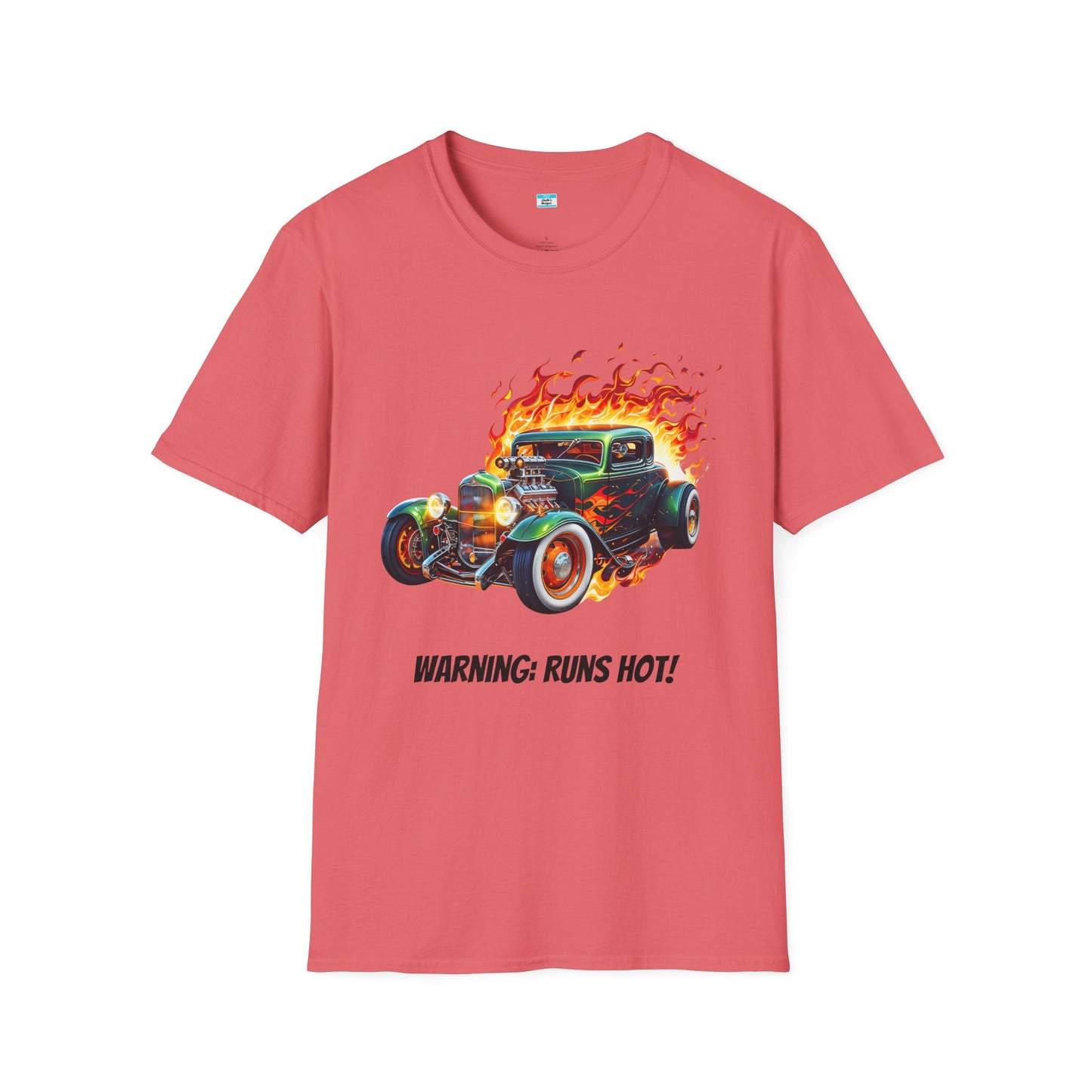 Hot Rod Flaming Car “Warning: Runs Hot!” Unisex Tee