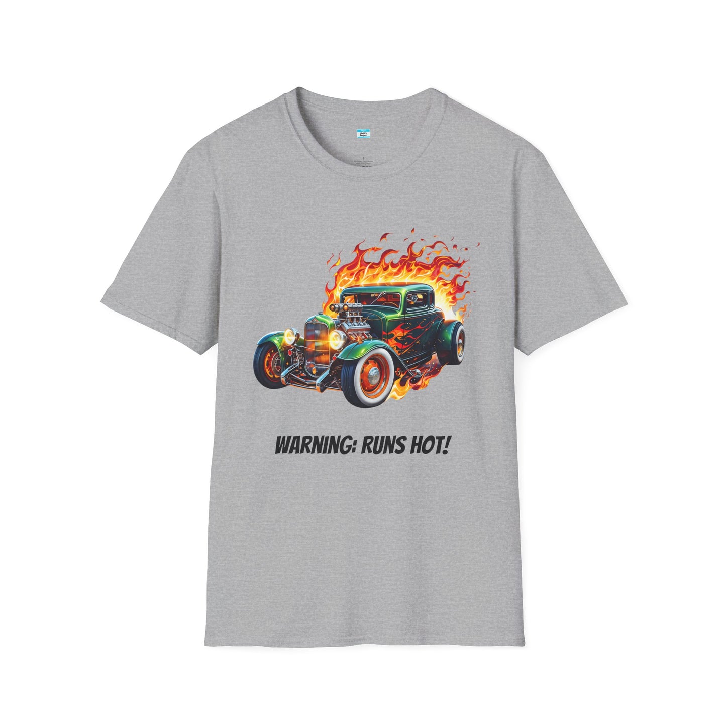 Hot Rod Flaming Car “Warning: Runs Hot!” Unisex Tee