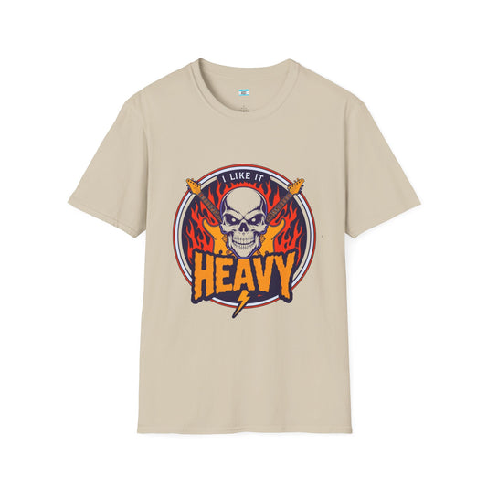 I Like It Heavy T-Shirt – Skull, Flames & Guitars Heavy Metal Rock Tee