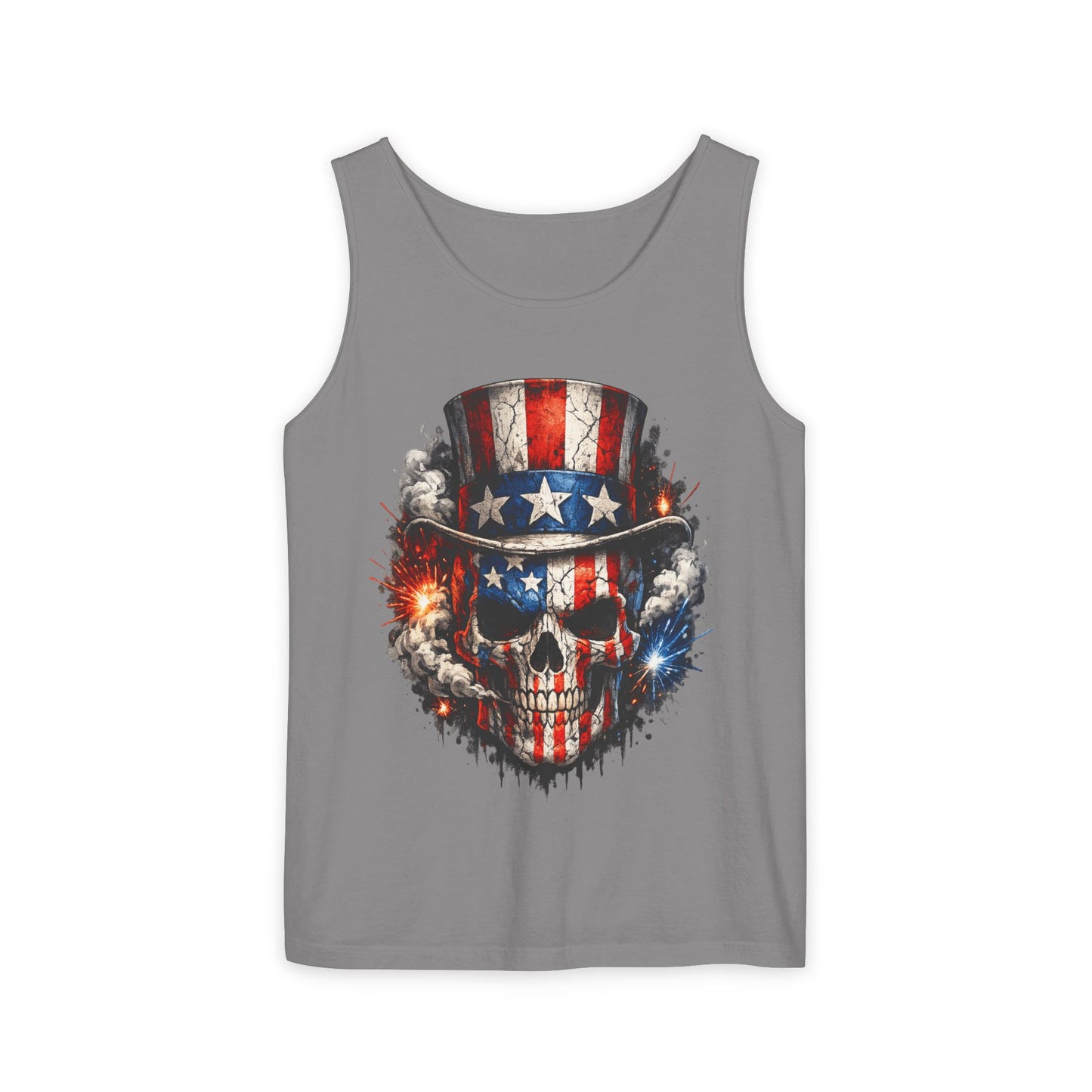 Patriotic Skull Tank Top with Uncle Sam Hat | American Flag 4th of July Shirt