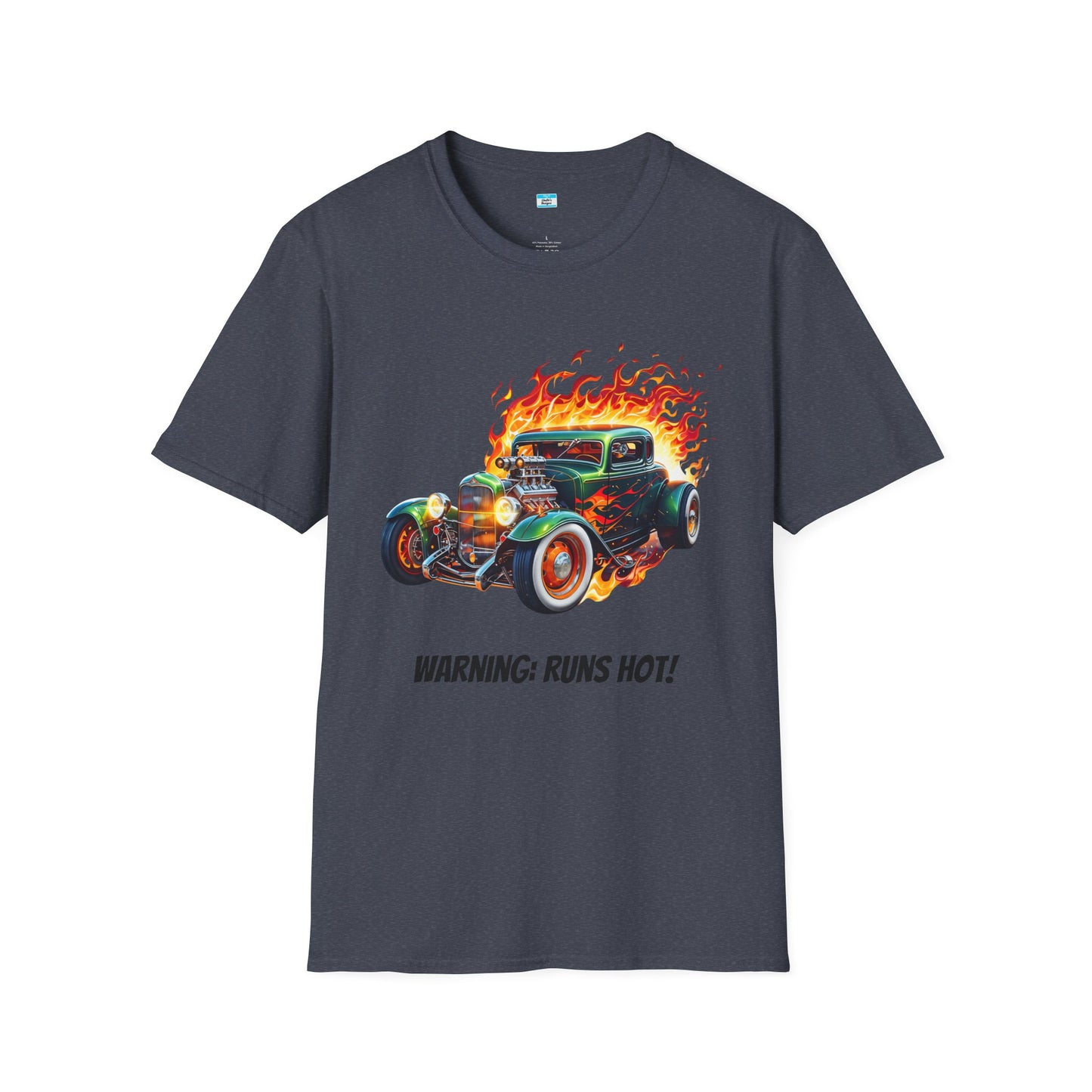 Hot Rod Flaming Car “Warning: Runs Hot!” Unisex Tee