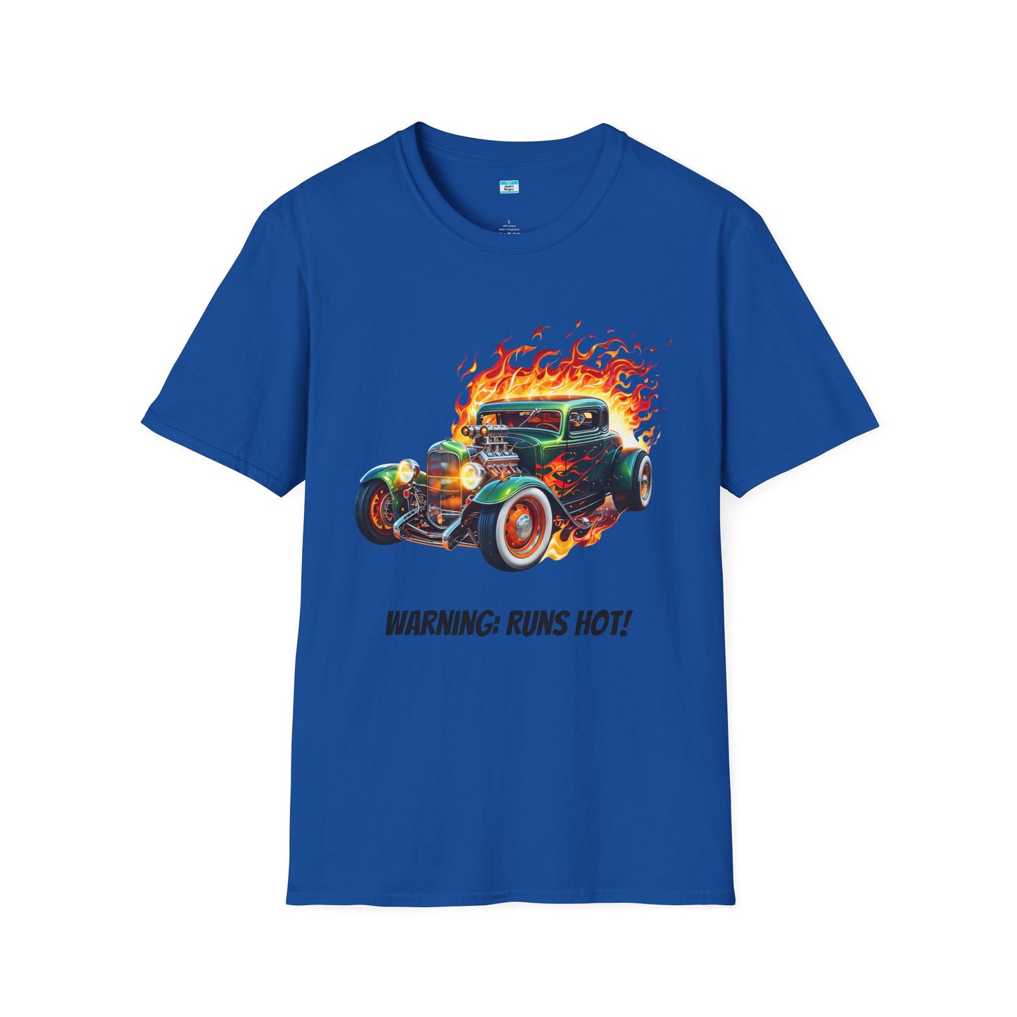 Hot Rod Flaming Car “Warning: Runs Hot!” Unisex Tee