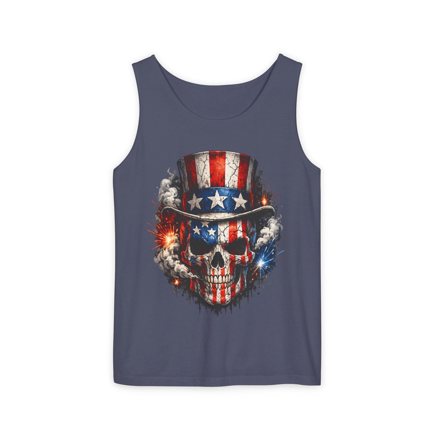 Patriotic Skull Tank Top with Uncle Sam Hat | American Flag 4th of July Shirt