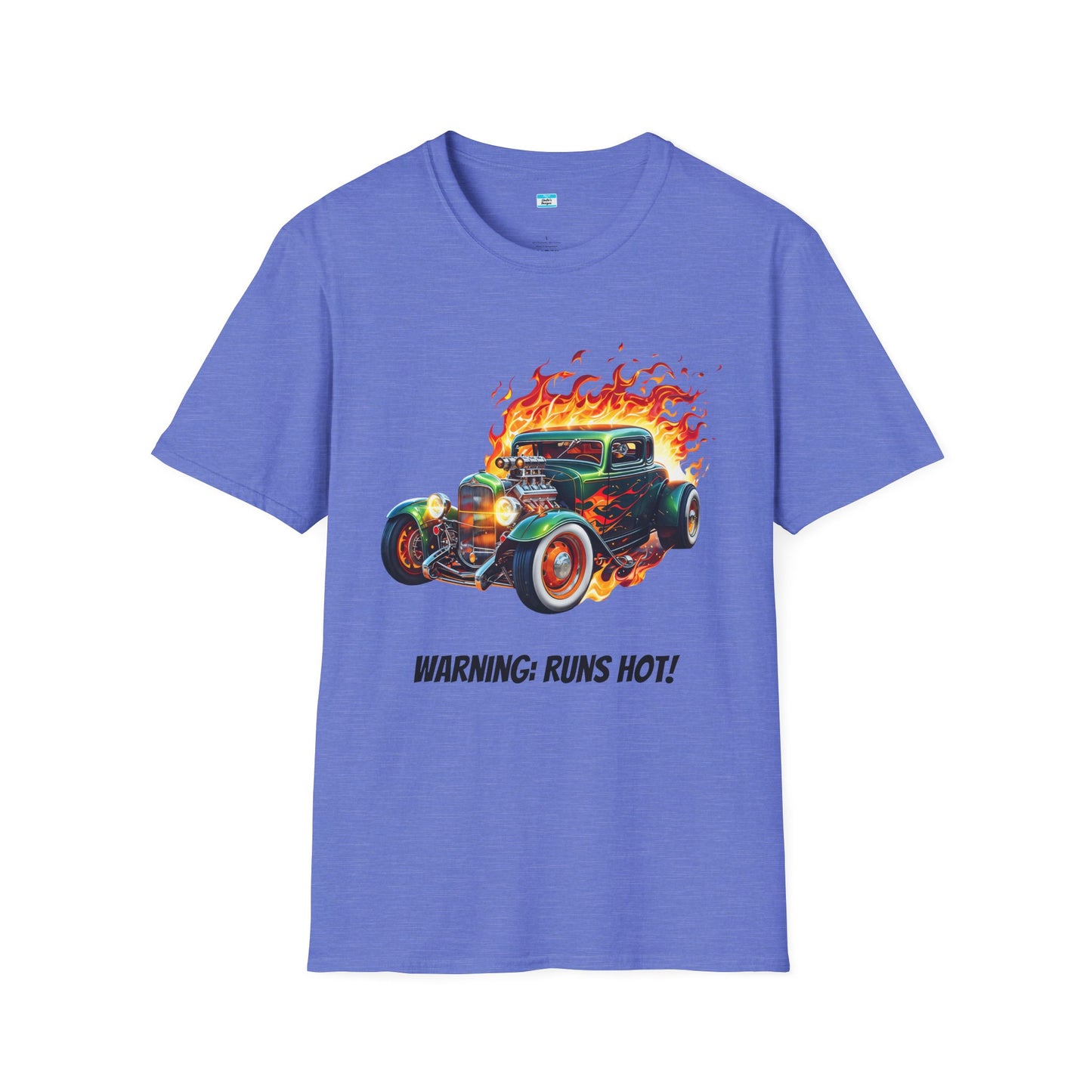 Hot Rod Flaming Car “Warning: Runs Hot!” Unisex Tee