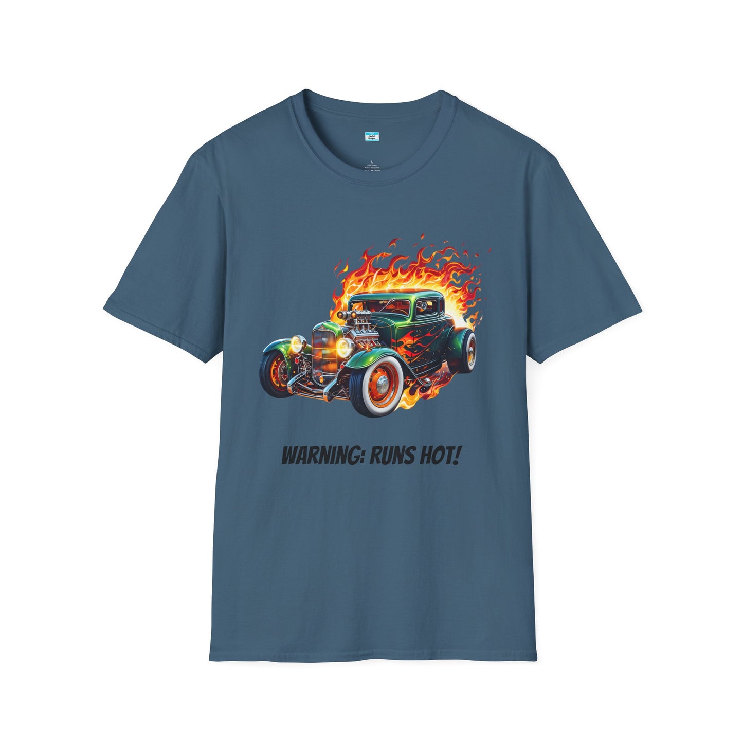 Hot Rod Flaming Car “Warning: Runs Hot!” Unisex Tee