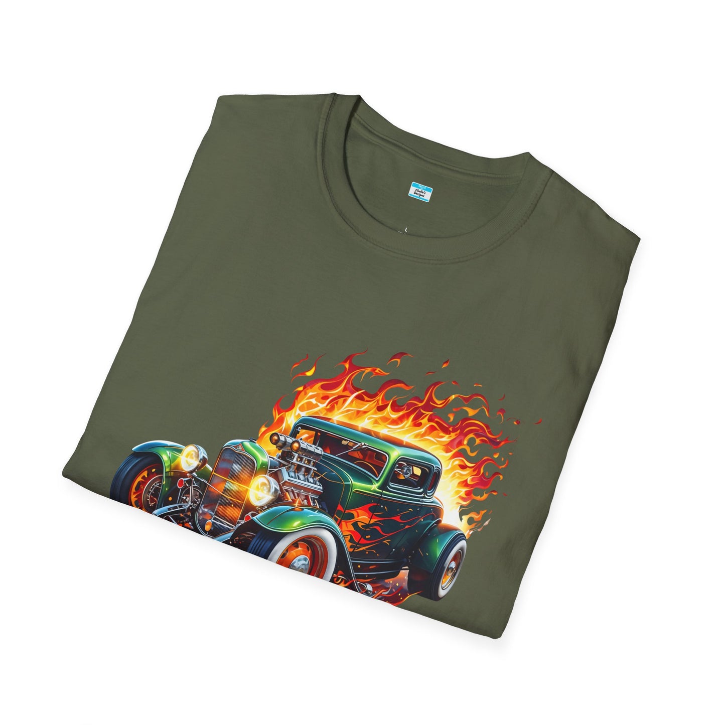 Hot Rod Flaming Car “Warning: Runs Hot!” Unisex Tee