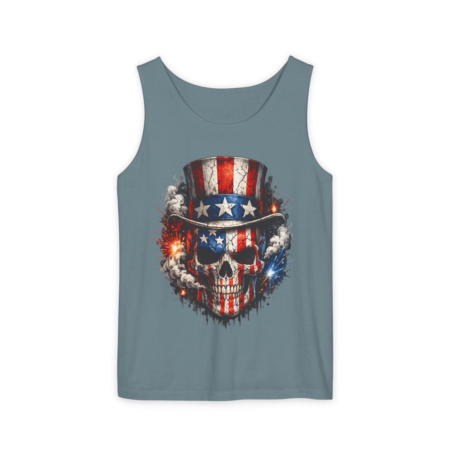 Patriotic Skull Tank Top with Uncle Sam Hat | American Flag 4th of July Shirt
