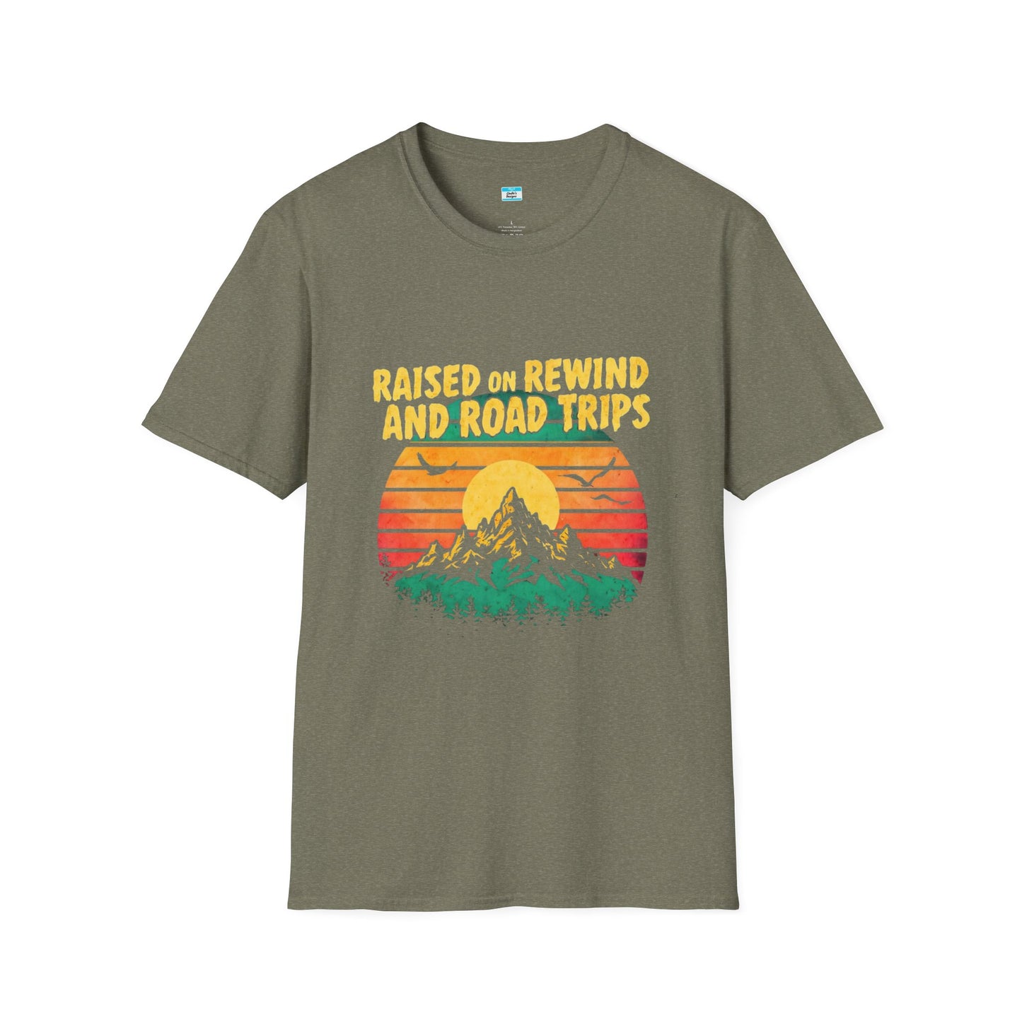 Raised on Rewind and Road Trips T-Shirt – Retro Sunset Mountain Adventure Tee
