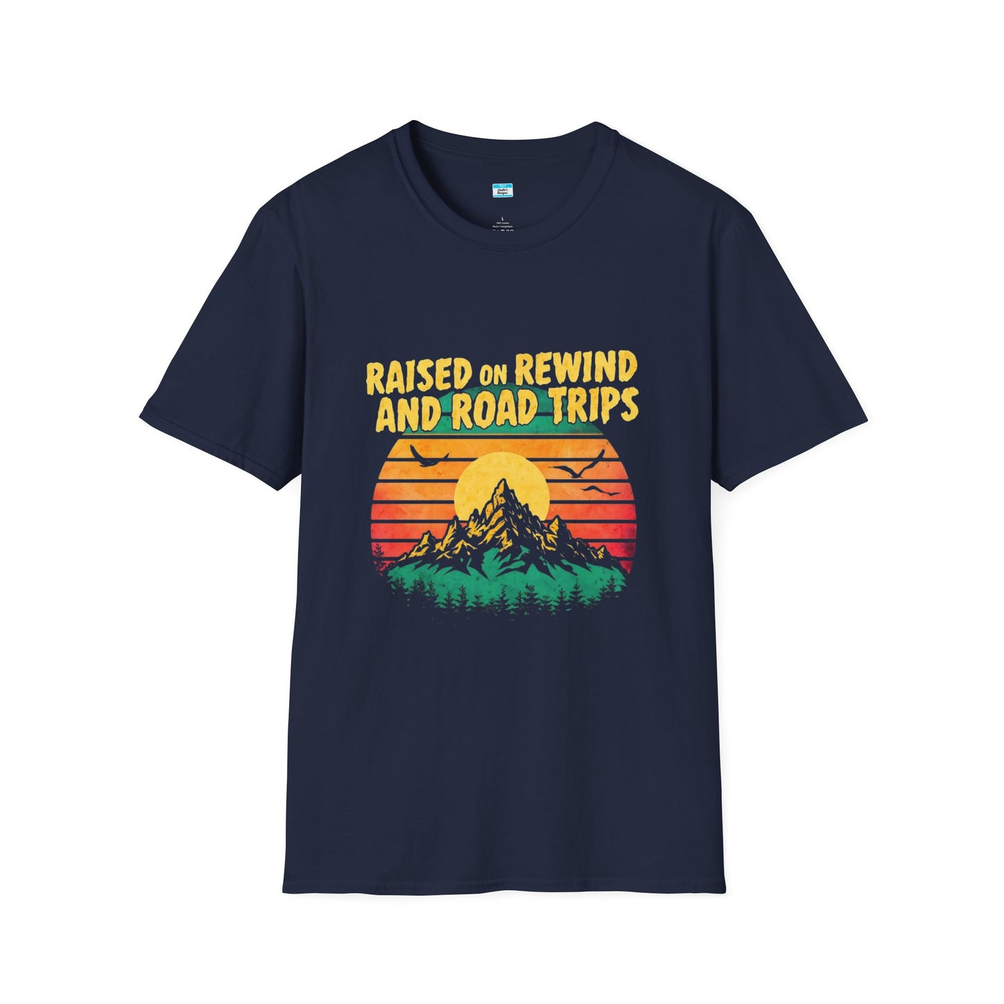 Raised on Rewind and Road Trips T-Shirt – Retro Sunset Mountain Adventure Tee