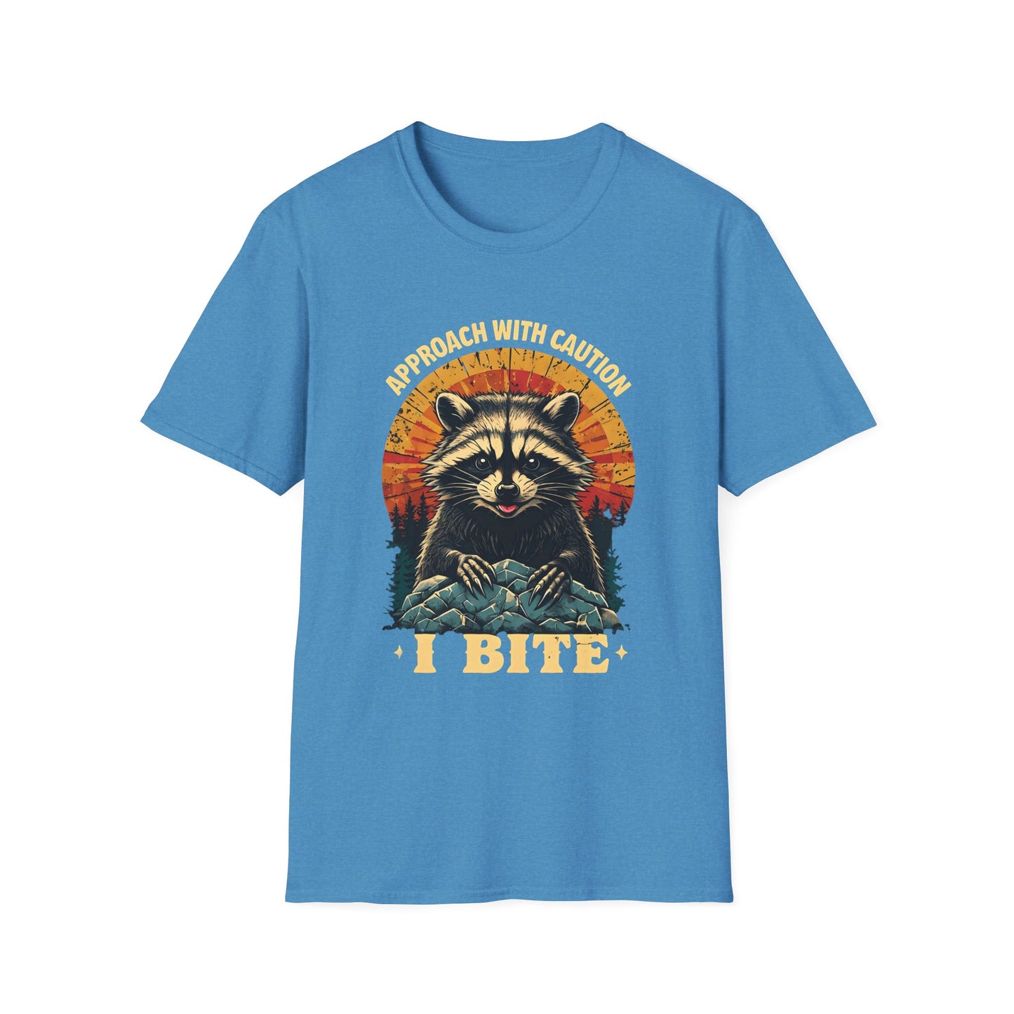 Funny Raccoon I Bite T-Shirt – Approach With Caution Graphic Tee – Cute but Dangerous Animal Shirt – Vintage Sunset Forest Trash Panda Shirt