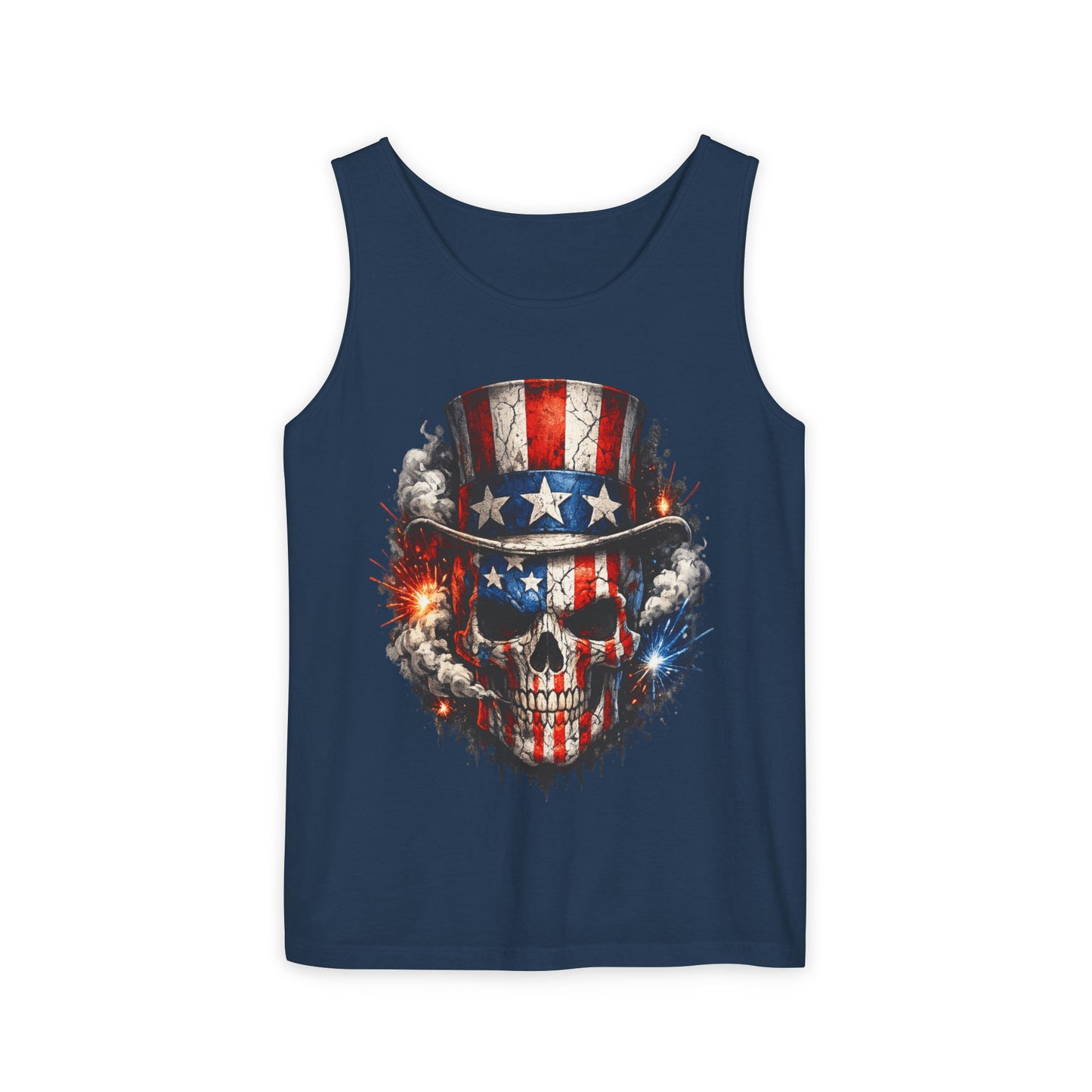 Patriotic Skull Tank Top with Uncle Sam Hat | American Flag 4th of July Shirt