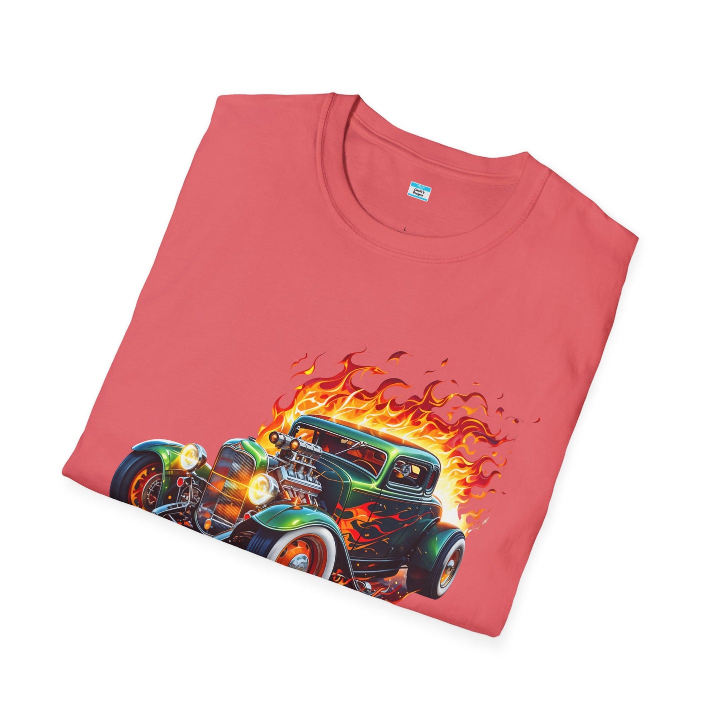 Hot Rod Flaming Car “Warning: Runs Hot!” Unisex Tee