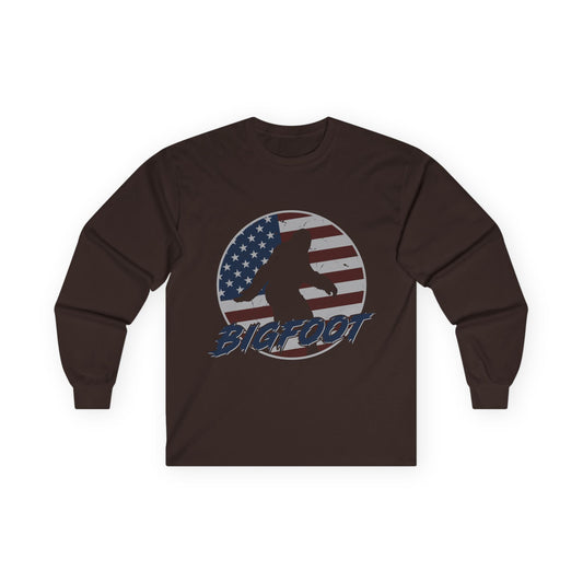 Bigfoot American Flag Long Sleeve Shirt – Patriotic Sasquatch USA Tee