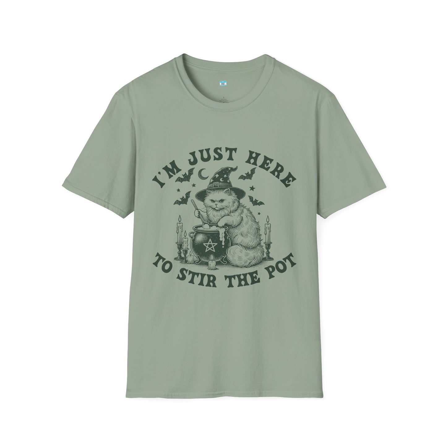 I’m Just Here to Stir the Pot T-Shirt – Funny Witch Cat Cauldron Graphic Tee, Halloween Shirt