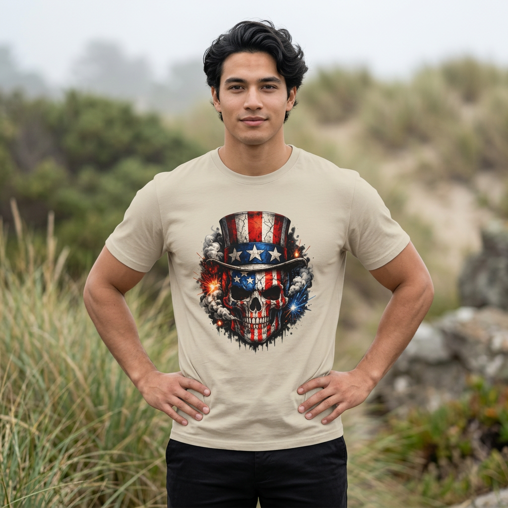 Patriotic Skull Shirt with Uncle Sam Hat | American Flag 4th of July Graphic Tee
