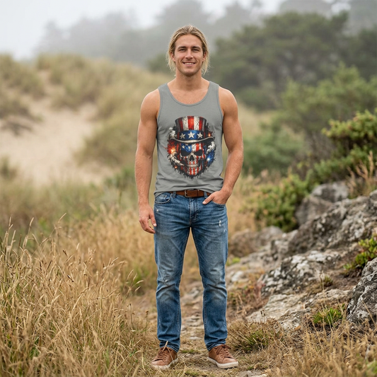 Patriotic Skull Tank Top with Uncle Sam Hat | American Flag 4th of July Shirt