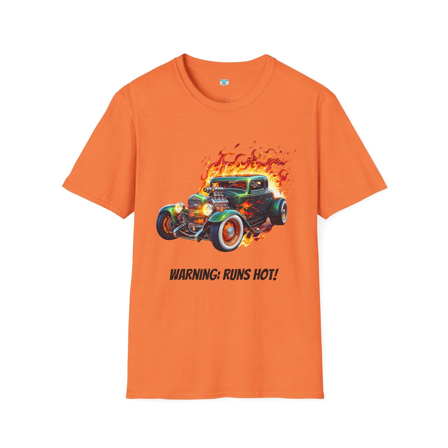 Hot Rod Flaming Car “Warning: Runs Hot!” Unisex Tee
