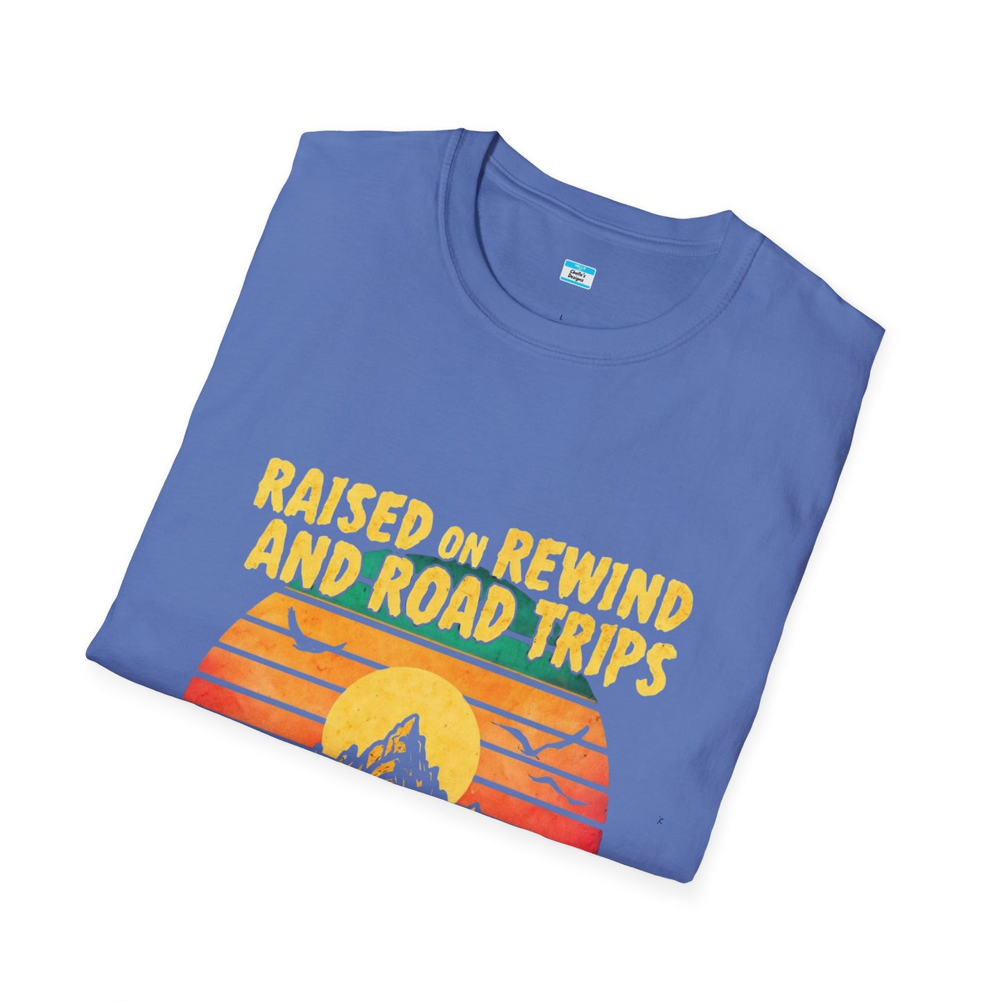 Raised on Rewind and Road Trips T-Shirt – Retro Sunset Mountain Adventure Tee