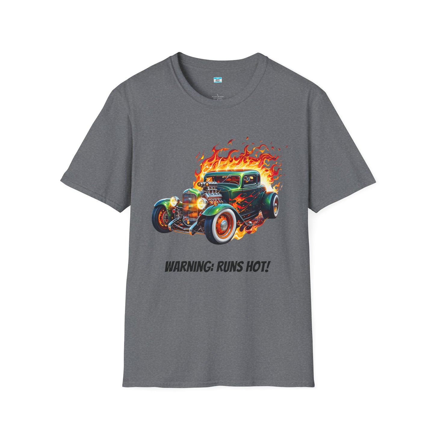 Hot Rod Flaming Car “Warning: Runs Hot!” Unisex Tee