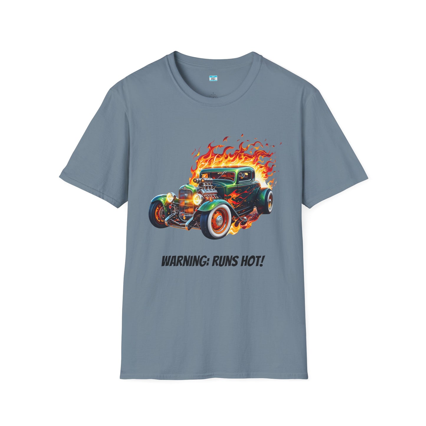 Hot Rod Flaming Car “Warning: Runs Hot!” Unisex Tee