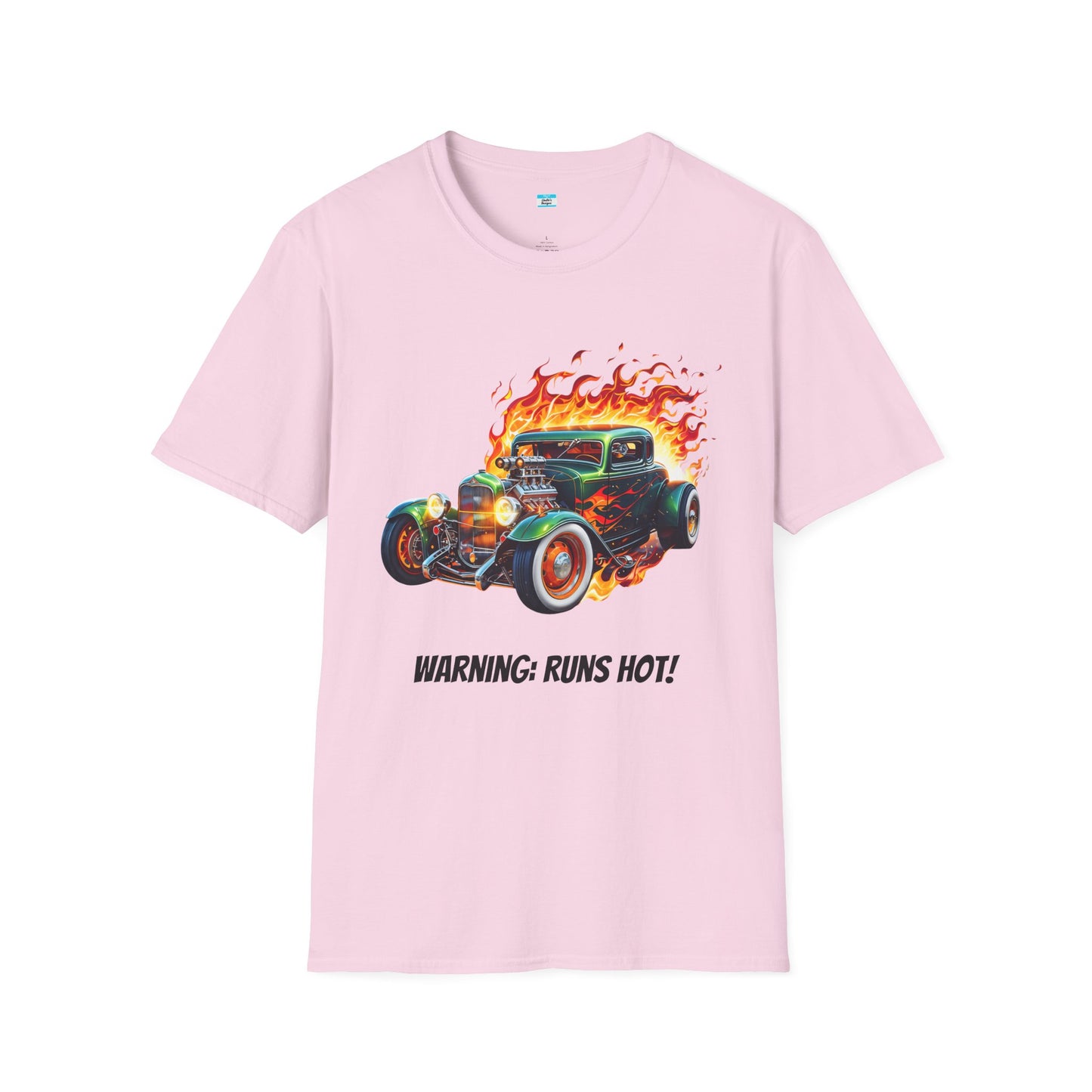 Hot Rod Flaming Car “Warning: Runs Hot!” Unisex Tee