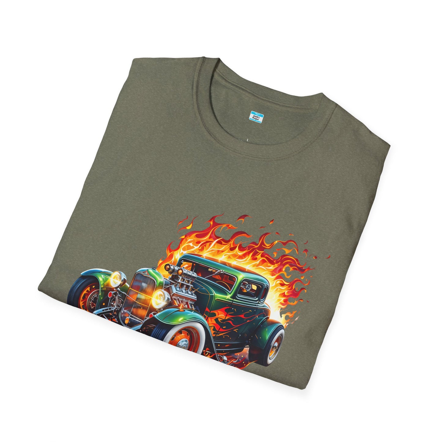 Hot Rod Flaming Car “Warning: Runs Hot!” Unisex Tee