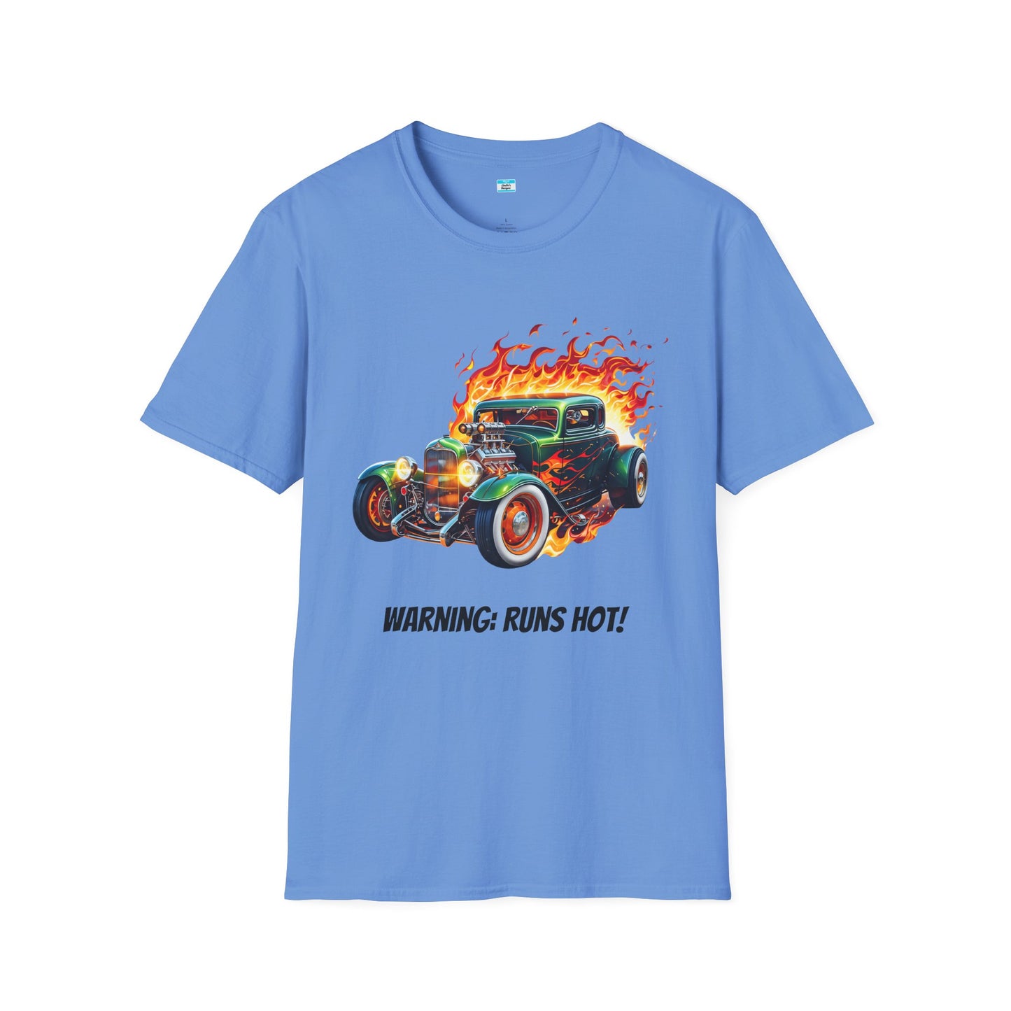 Hot Rod Flaming Car “Warning: Runs Hot!” Unisex Tee