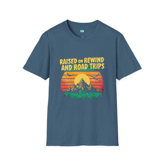 Raised on Rewind and Road Trips T-Shirt – Retro Sunset Mountain Adventure Tee