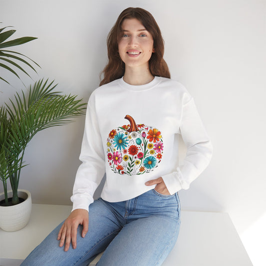 Floral Pumpkin Fall Sweatshirt | Cozy Boho Autumn Crewneck with Colorful Flowers