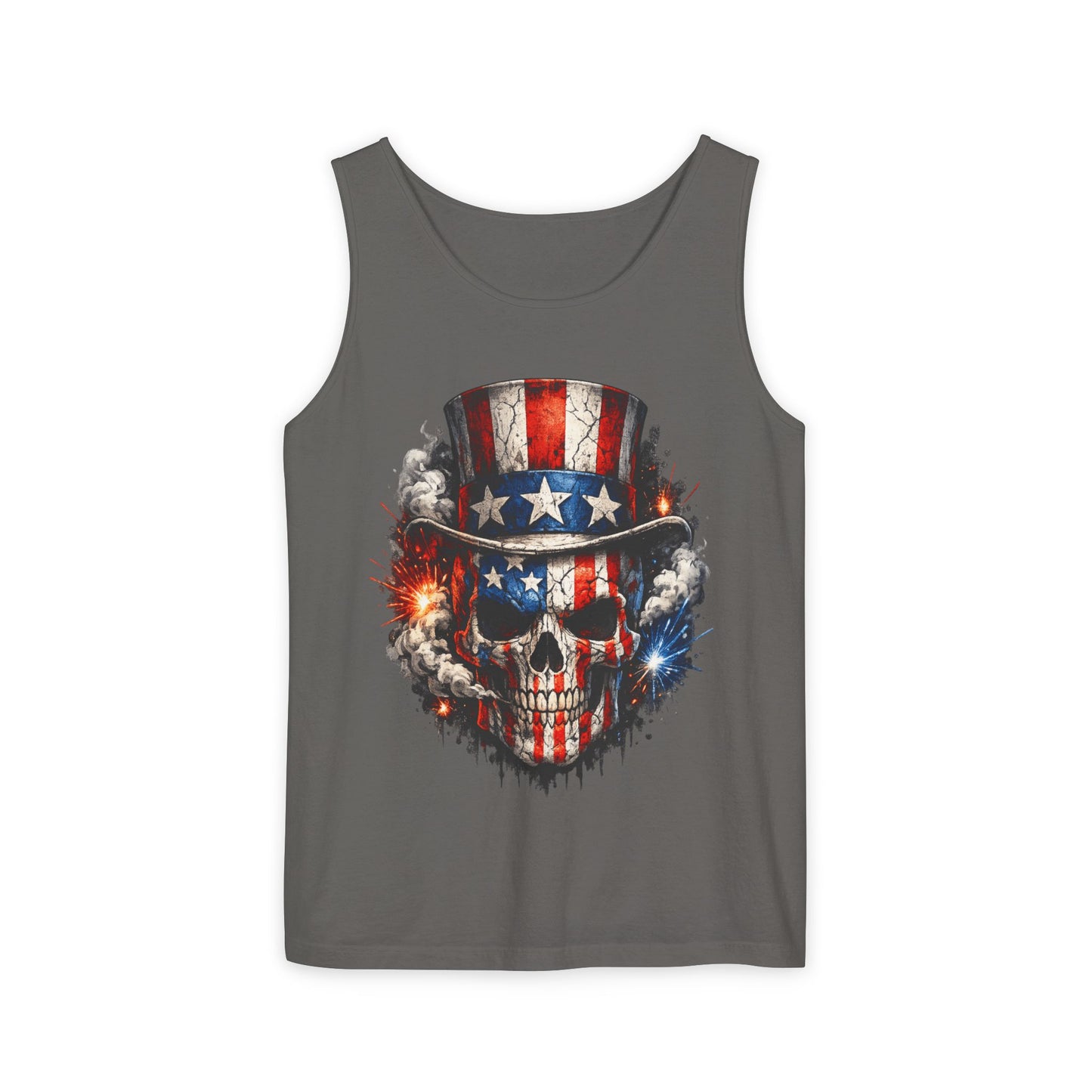 Patriotic Skull Tank Top with Uncle Sam Hat | American Flag 4th of July Shirt