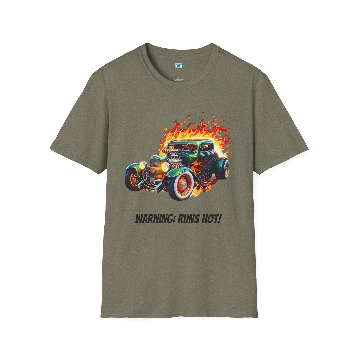 Hot Rod Flaming Car “Warning: Runs Hot!” Unisex Tee