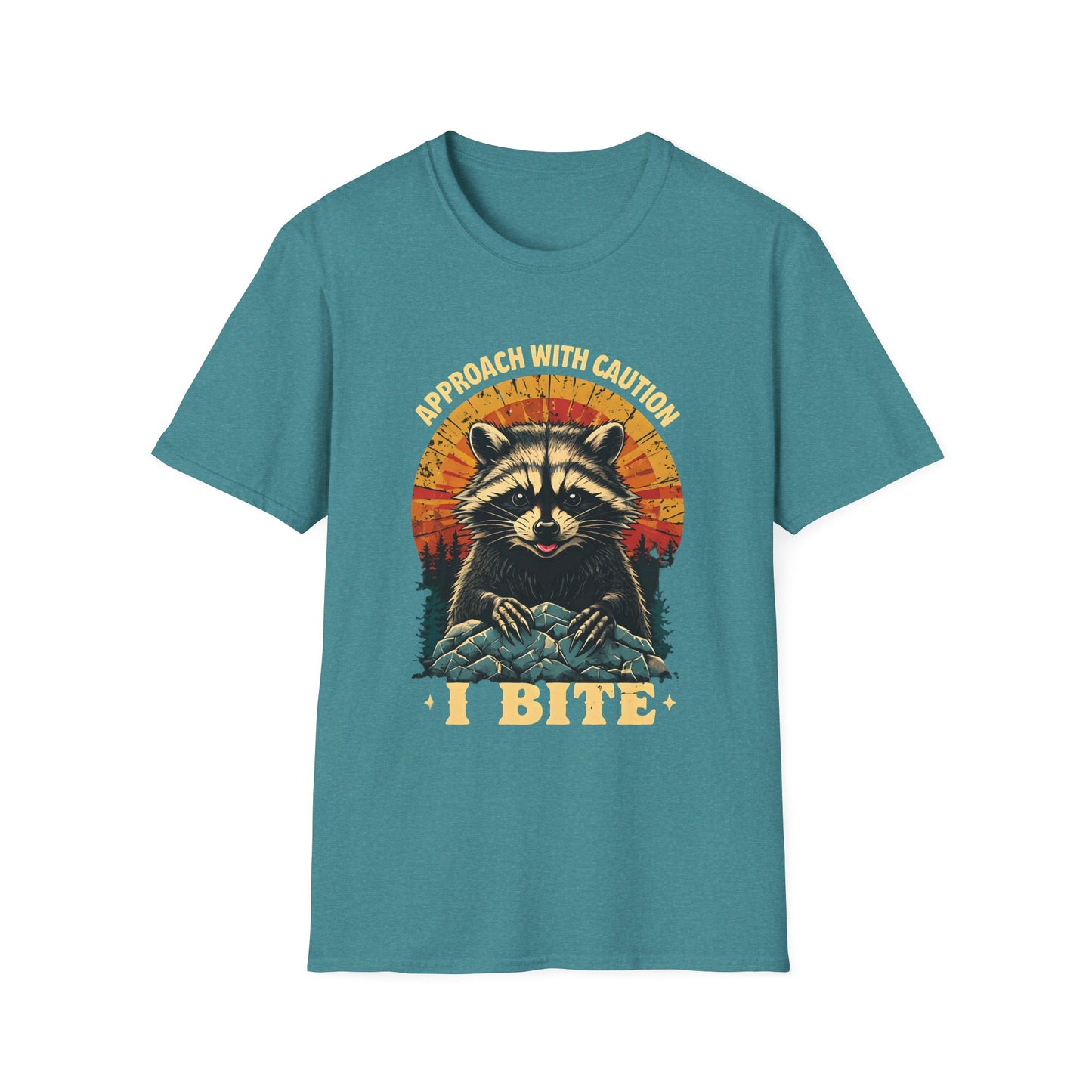 Funny Raccoon I Bite T-Shirt – Approach With Caution Graphic Tee – Cute but Dangerous Animal Shirt – Vintage Sunset Forest Trash Panda Shirt