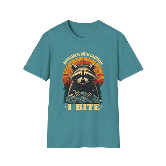 Funny Raccoon I Bite T-Shirt – Approach With Caution Graphic Tee – Cute but Dangerous Animal Shirt – Vintage Sunset Forest Trash Panda Shirt