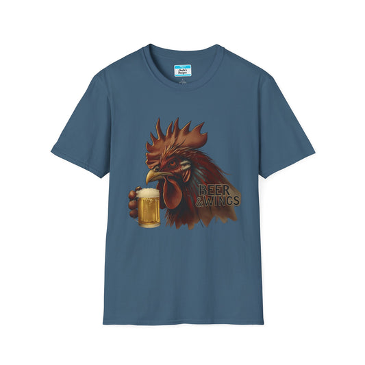 Beer & Wings T-Shirt | Funny Chicken Drinking Beer Graphic Tee for Men & Women