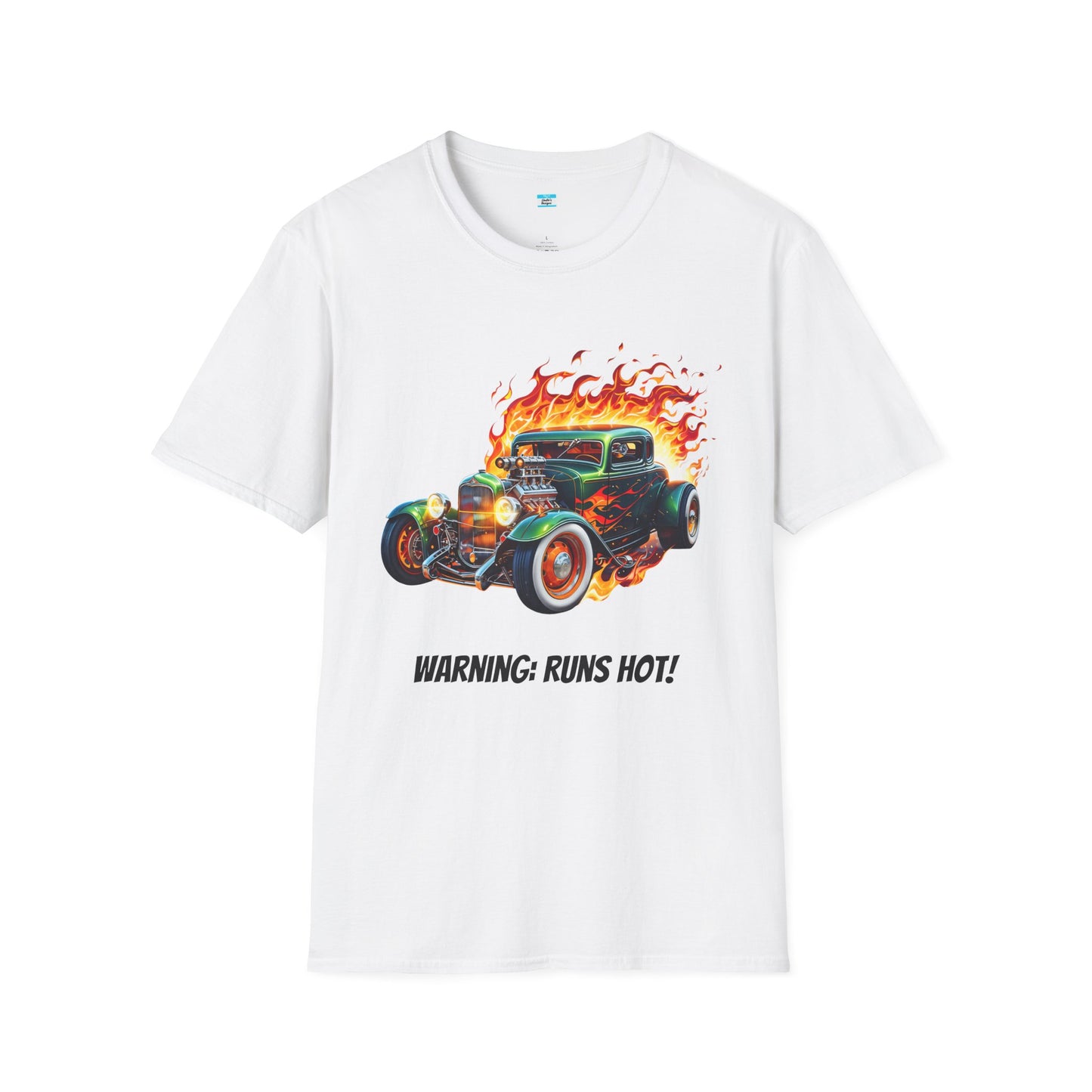Hot Rod Flaming Car “Warning: Runs Hot!” Unisex Tee