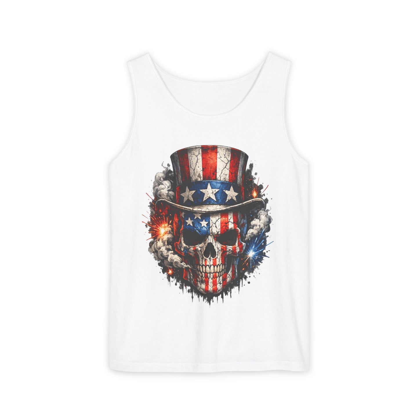 Patriotic Skull Tank Top with Uncle Sam Hat | American Flag 4th of July Shirt