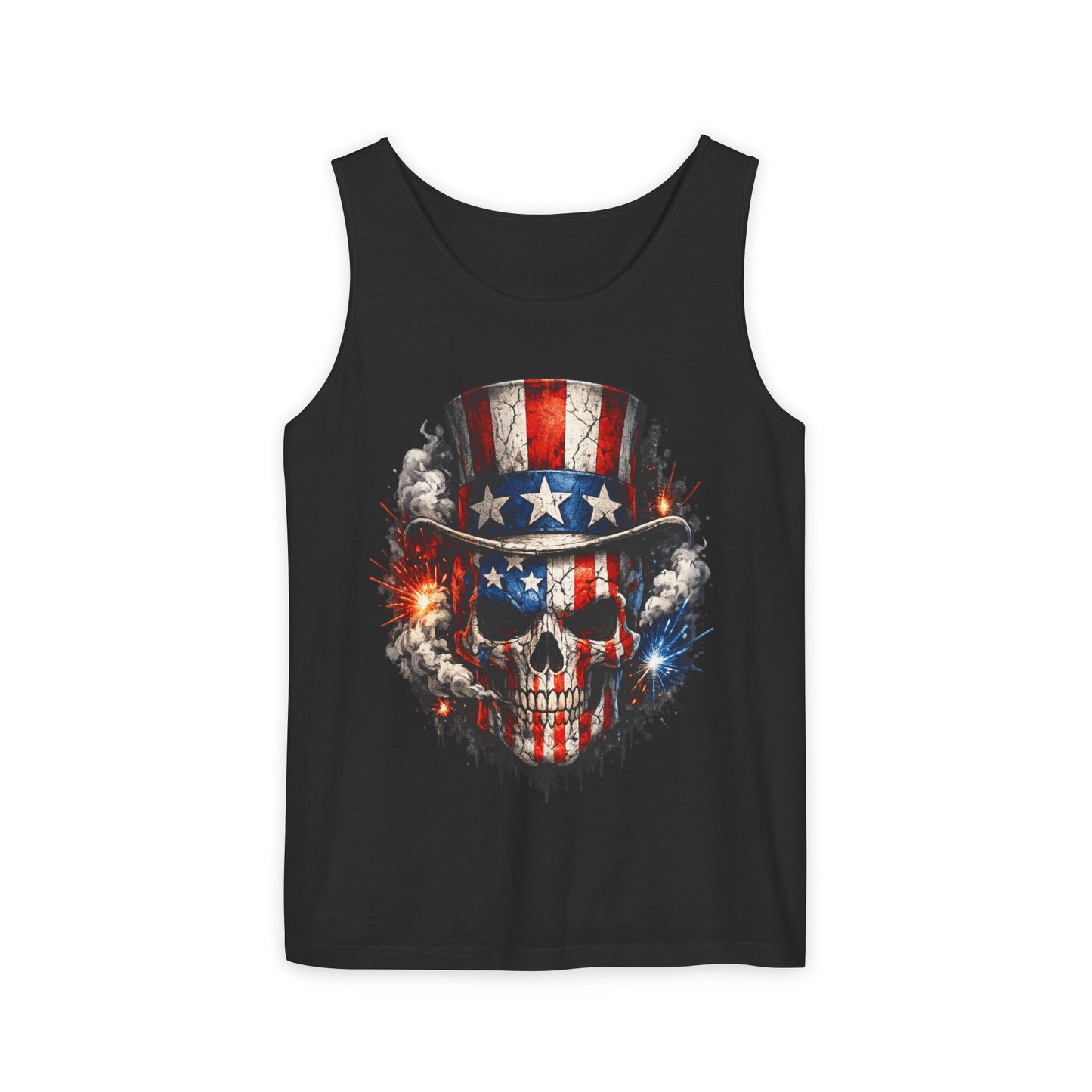 Patriotic Skull Tank Top with Uncle Sam Hat | American Flag 4th of July Shirt