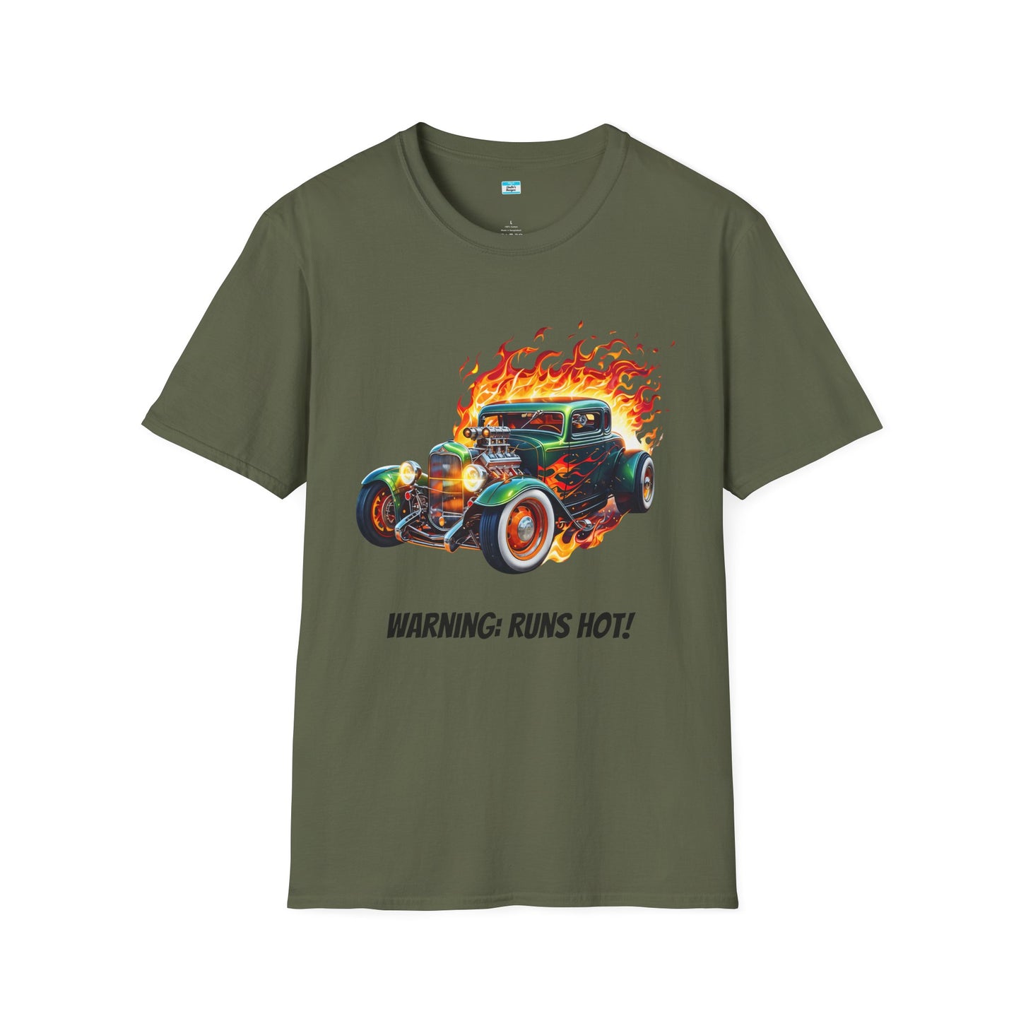 Hot Rod Flaming Car “Warning: Runs Hot!” Unisex Tee